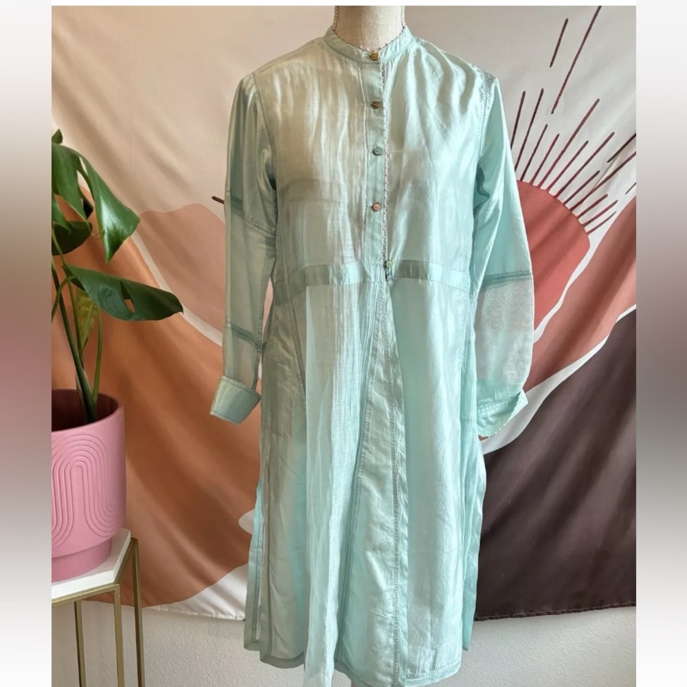 PERO Aquamarine Silk Cotton Colored Buttons Duster Tunic Size 36 Art To Wear